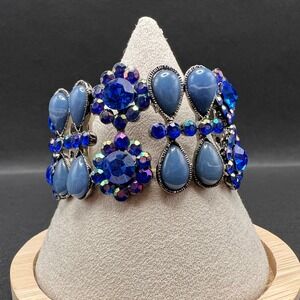 AB Stretch Bracelet Blue Rhinestone Aurora Borealis Gunmetal